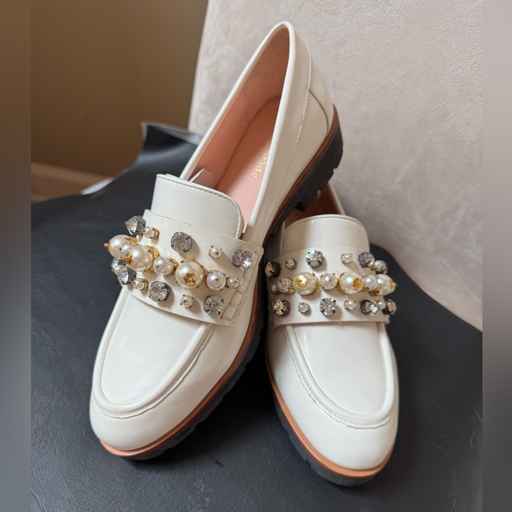 Kate Spade Cream Loafers with Gem Embellishments